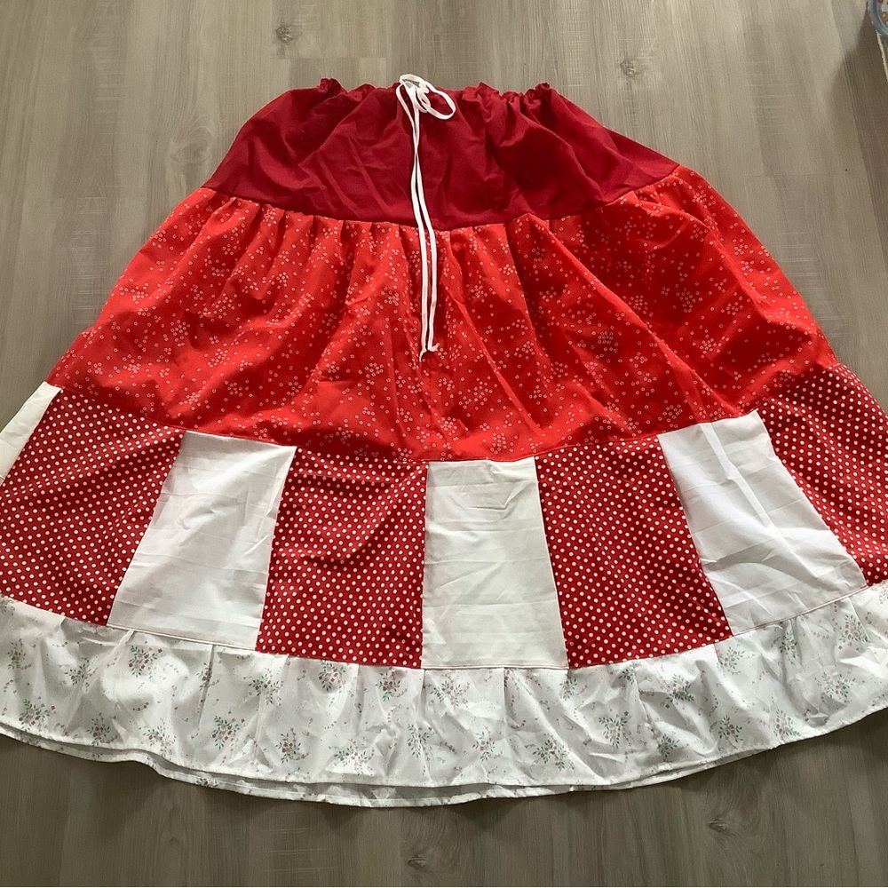 Red Patchwork Skirt Long Adjustable Drawstring Wa… - image 6